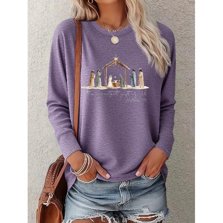 Women's Christian Christmas Origin Story Portrait Print One-piece casual long-sleeved elegant summer top Fashionable and cute T Vintage