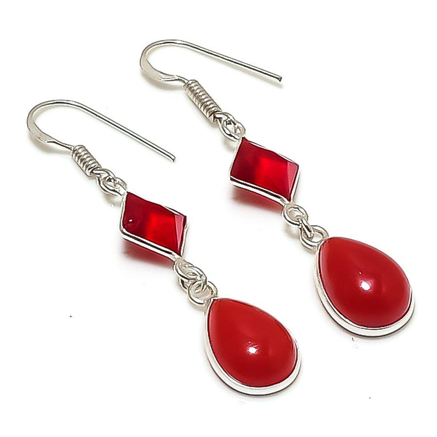 Natural Carnelian, Garnet Gemstone 925 Sterling Silver Earring 2.05" AE-11621