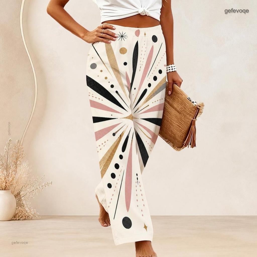 Women Plus Size Loose Wide Leg Long Pants Exquisite Gem Star Print Elastic High Waist Casual Trousers For Daily Beach Vacation Wear