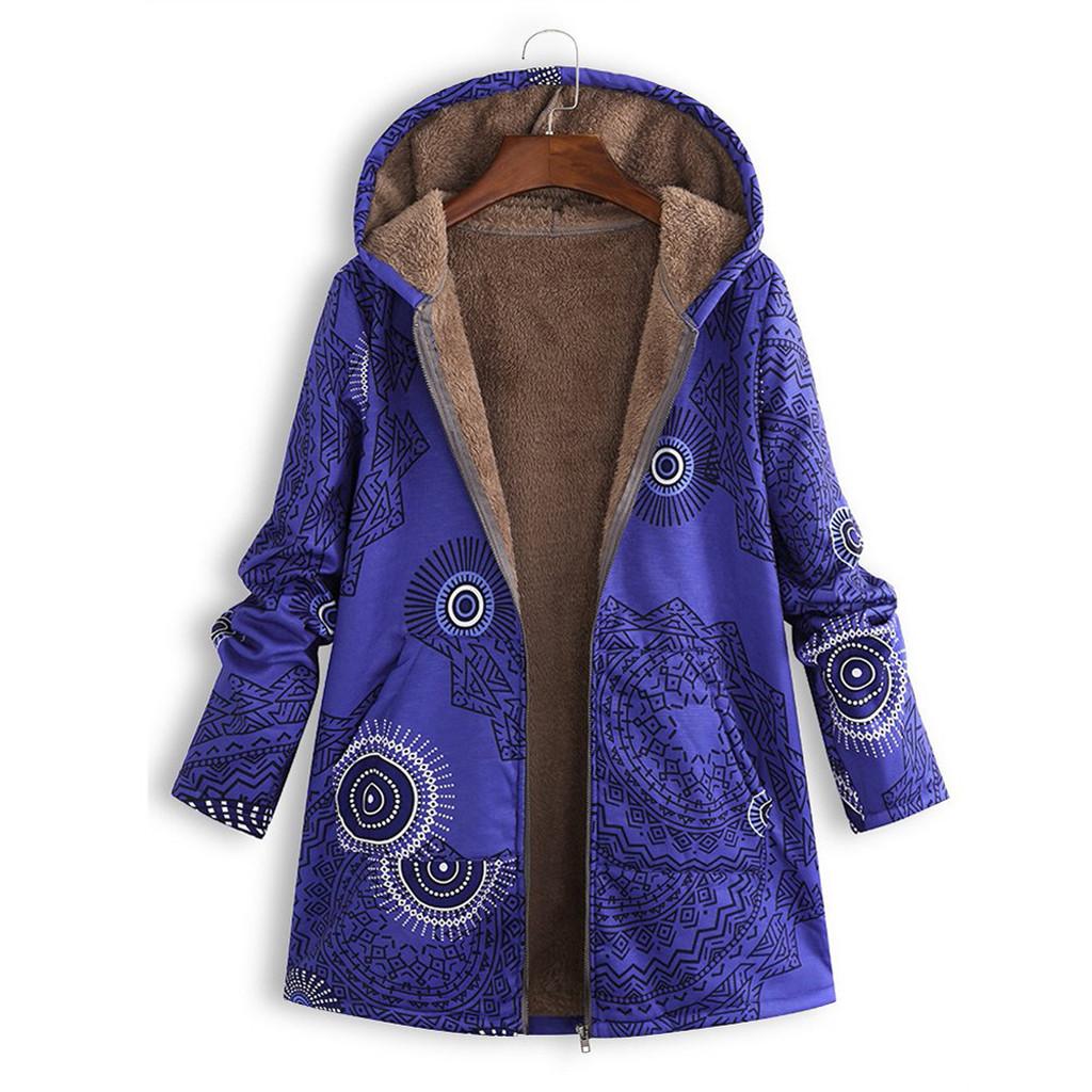 Damer Vinter Varm Yttertøy Trykk Hette Lommer Vintage Oversized Kåper