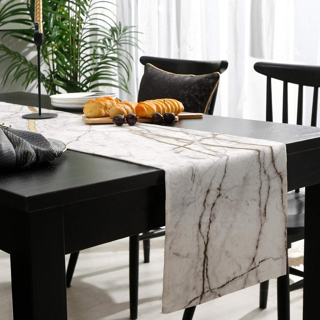 Marble Table Runner-Cotton linen-Long 72 inche White Gray Gold Dresser Scarves,Texture Tablerunner for Kitchen Coffee/Dining/Sofa/End Table Bedroom