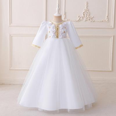 Children's Evening Princess Dress - Long Sleeve, Round Neck, Pleated Design with Mesh Applique