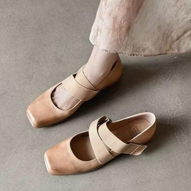 Square head retro Mary Jane single shoes gentle word with flat temperament spring and autumn small leather shoes evening shoes