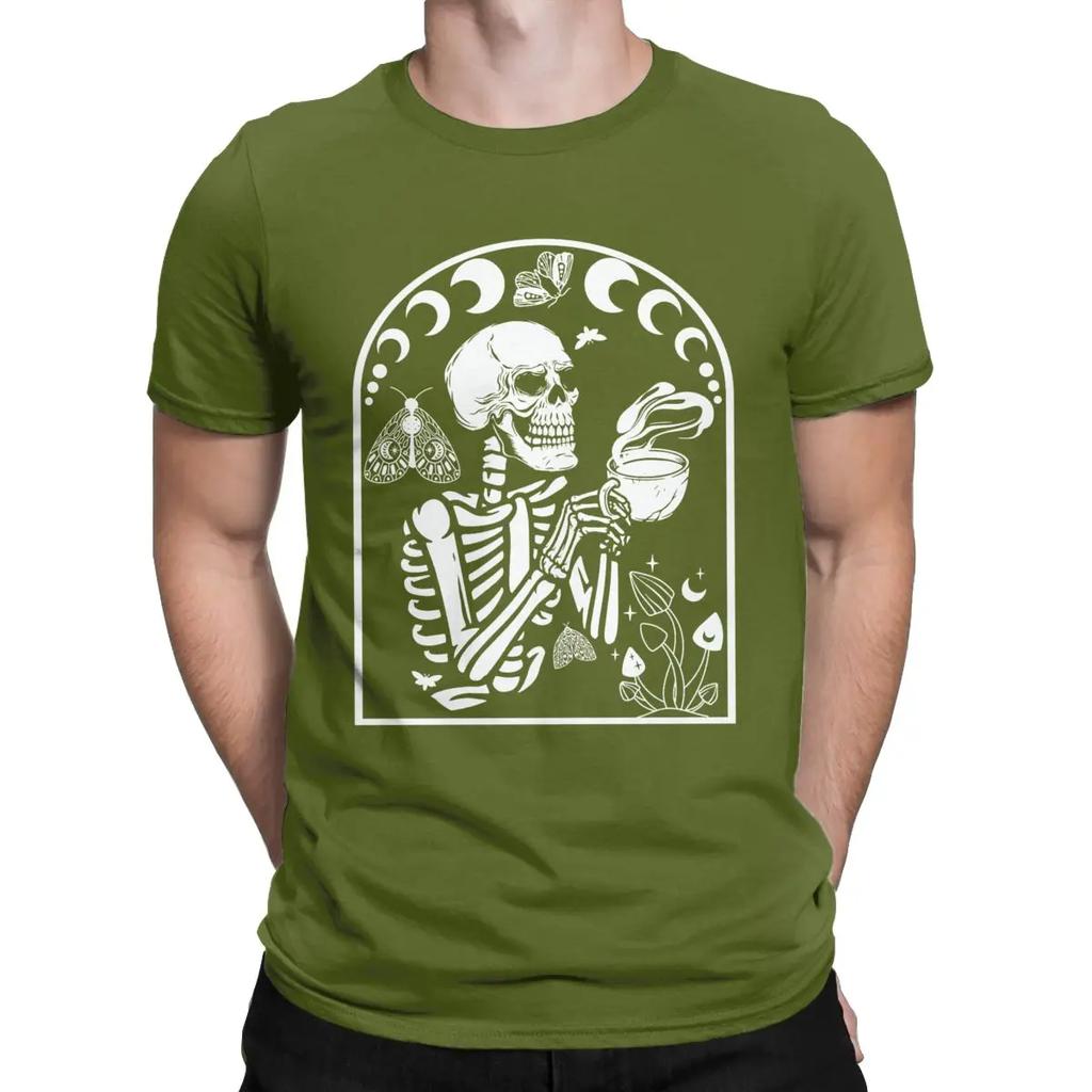 Skeleton Coffee Halloween Gift T Shirt Men's Pure Cotton Vintage T-Shirt O Neck Spooky Tee Shirt Short Sleeve Clothing Unique