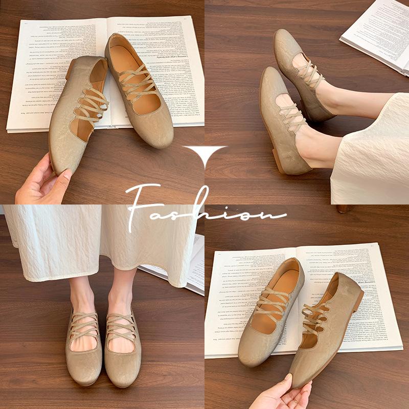 2025 autumn new French soft leather round head cross strap Mary Jane shoes ballet shoes shallow mouth single shoes women