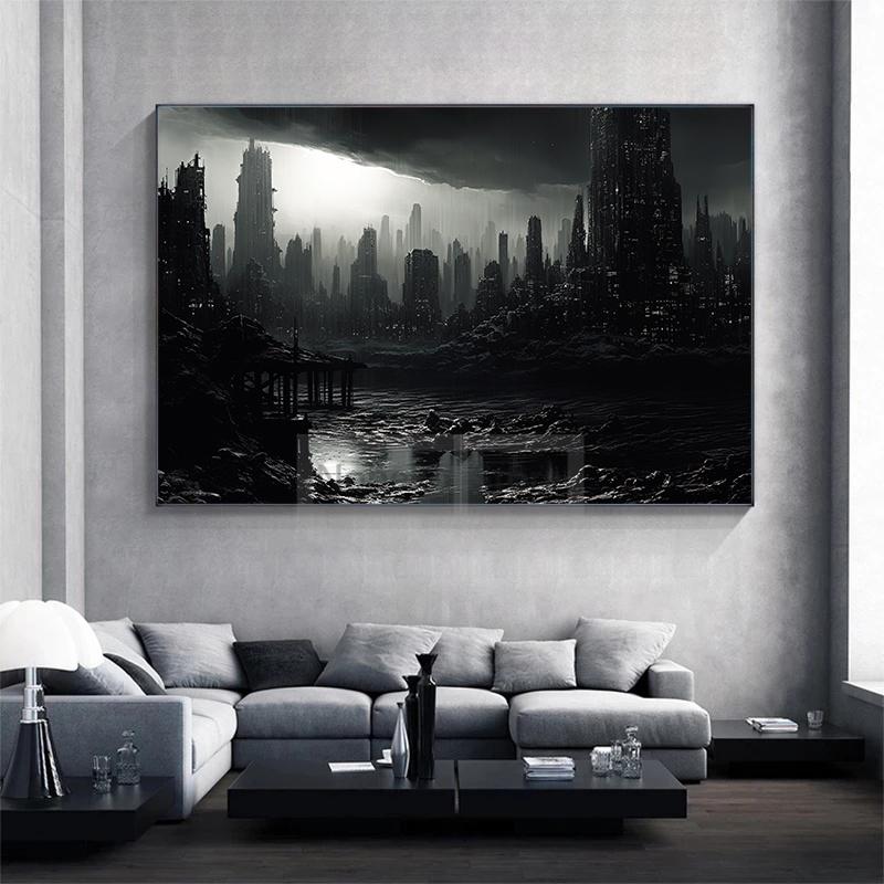Futurism Cyberpunk Style City Landscape Poster Watercolor Prints Canvas Painting Wall Art Pictures Home Room Modern Sci-fi Decor