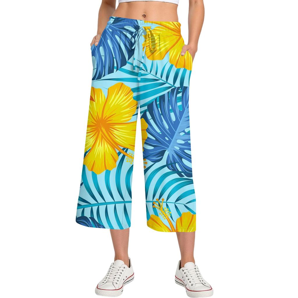 Damen Sommer Hohe Taille Bedruckte Freizeit-Sportbekleidung Lässige Cropped-Hose Weite Hose