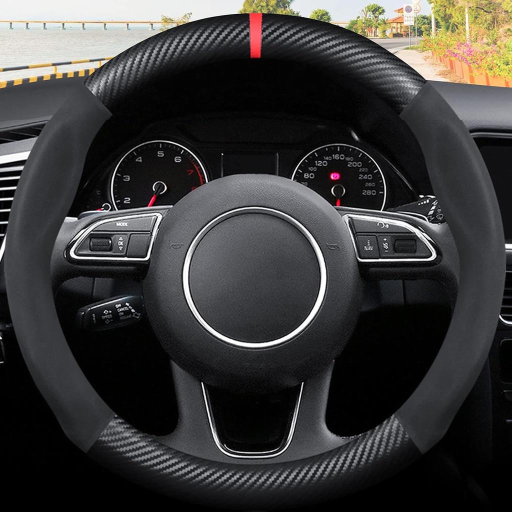 Ergocar Round Shape Carbon Fiber & Microfiber PU Leather Steering Wheel Cover Anti-Slip Car Steering Wheel Protector Breathable Sweat Absorbent Sport