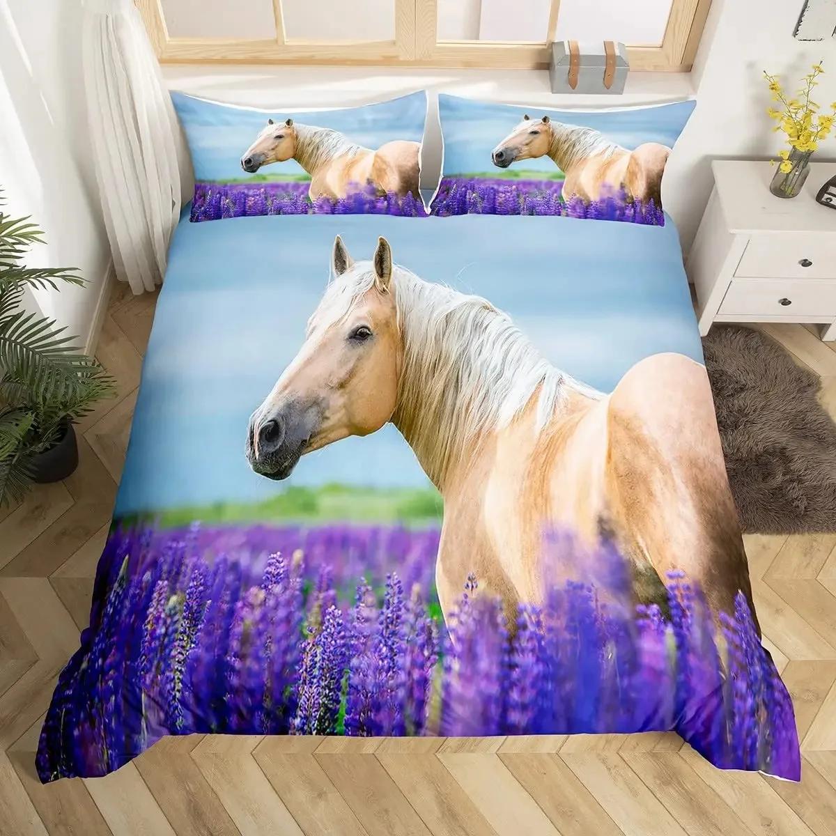 

Galloping Horse Duvet Cover Set Western Cowboy Farm Animal Bedding Set,Bamboo Mountain Ink Painting Firforest Folk Style Bed Set EU Single 135x200cm