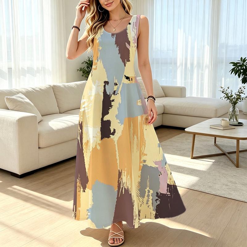 Sleeveless Abstract Art Maxi Dress Loose Fit,Lightweight Fabric,Versatile for Daily Commute,Home Leisure & Travel Photos