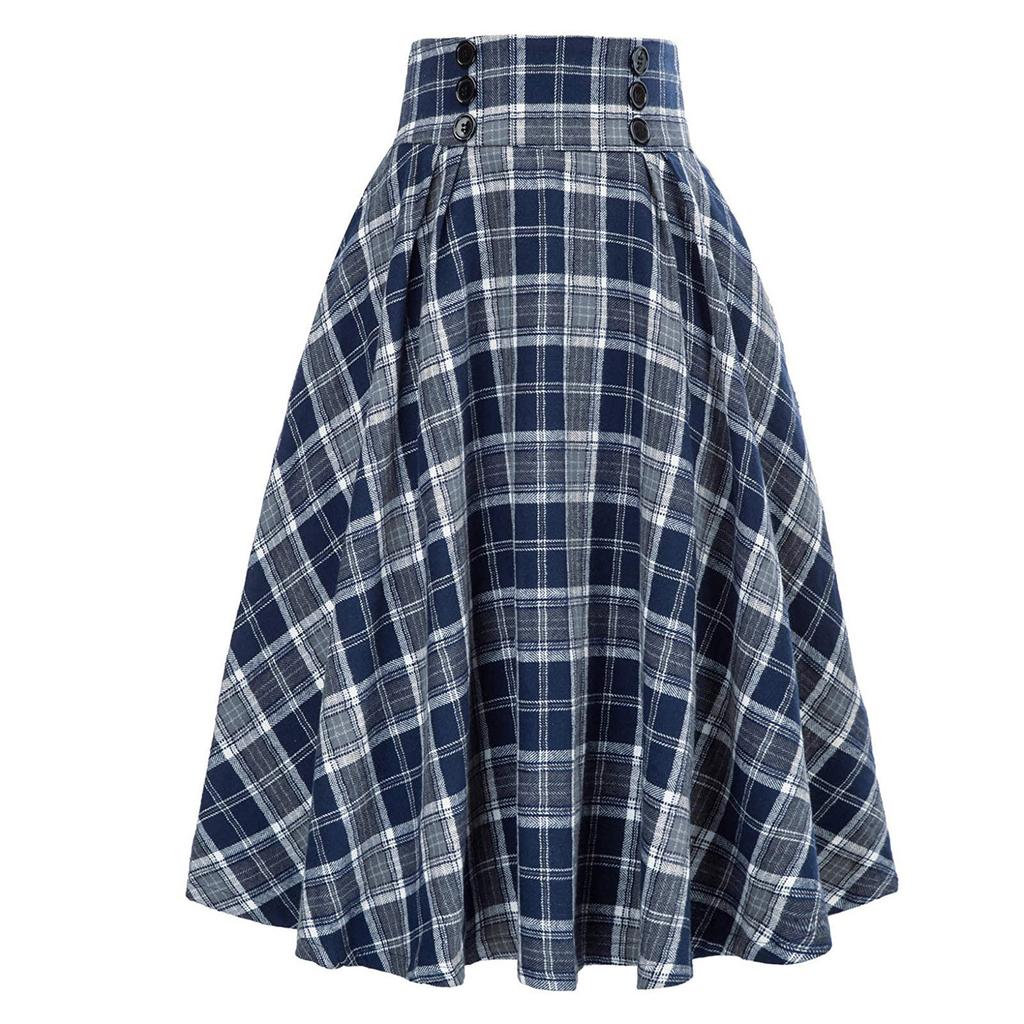 Vintage Women Plaid Skirt Fashion Casual Pockets Vintage High Waist Checked Pleated Skirt Spring Autumn Female Midi Skirts