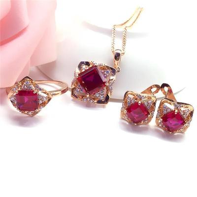 Exquisites Violett Goldplattiert Roségold Inlay Rotstein Quadratischer Anhänger Set Damenmode Temperament Luxus Edles Halsketten-Set
