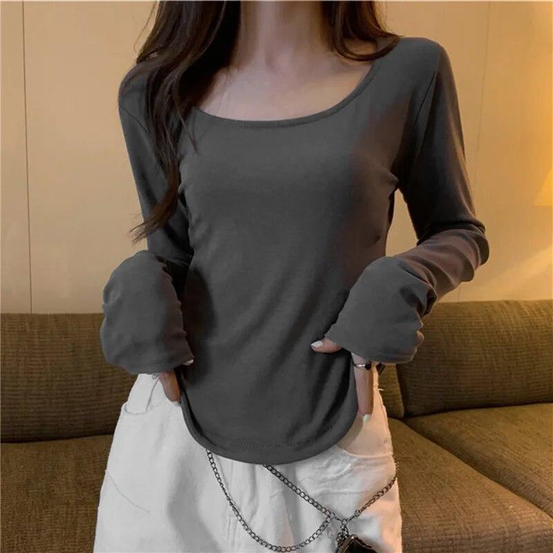 Nová nepravidelná elegantní trička s dlouhým rukávem ženy s čtvercovým límcem ležérní štíhlý top dámský elegantní vintage streetwear pevná trička