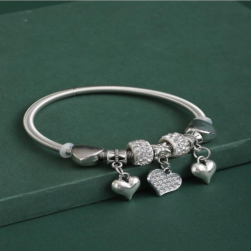 DIY Beaded Bracelet With Heart Charm Alloy Glued Crystal Spring Bangle Cross Over Diamond Ball Design