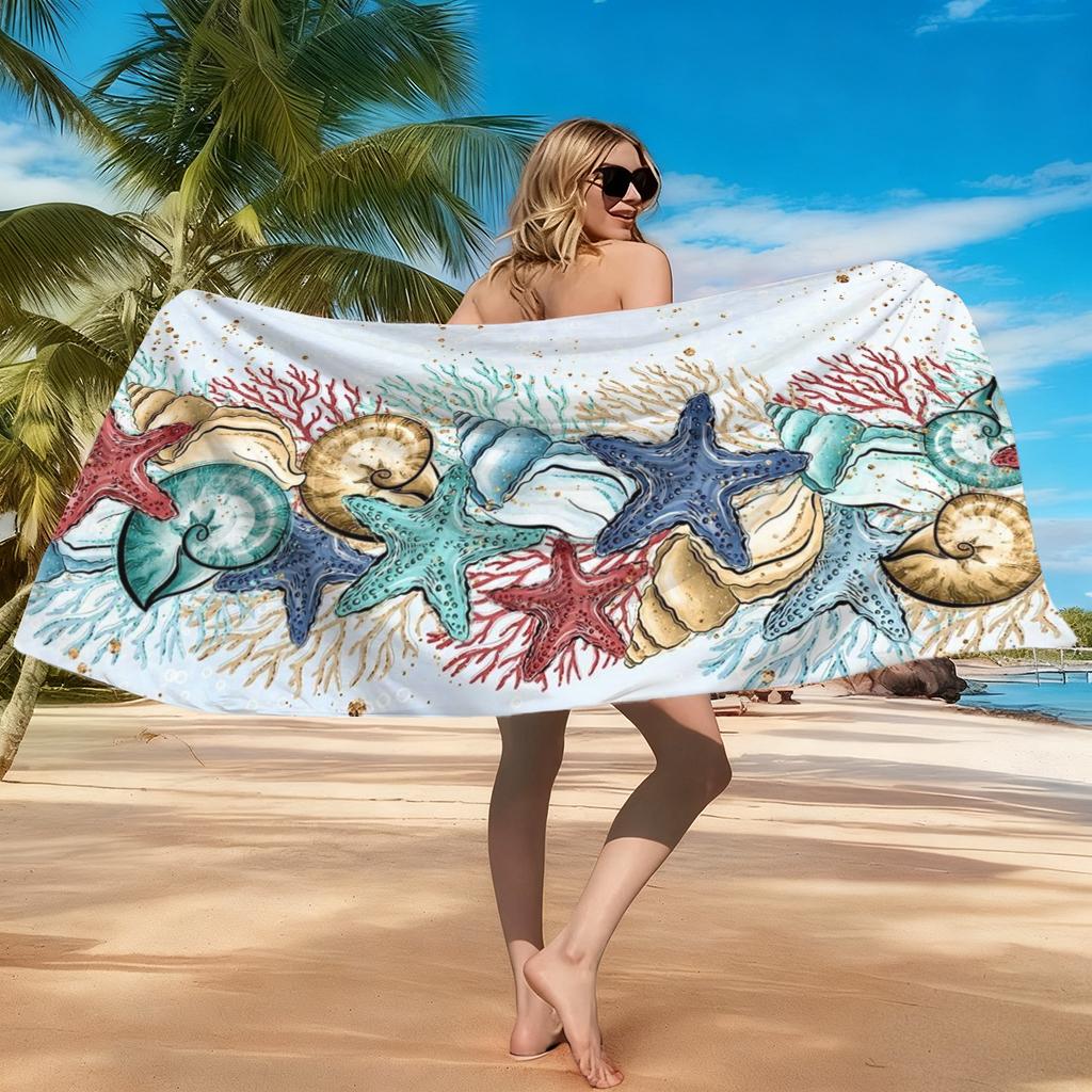 1pc Starfish and Conch Patterns Print Beach Towel Quick-drying Towel Suitable for Seaside Pool Camping Yoga For Family Friends
