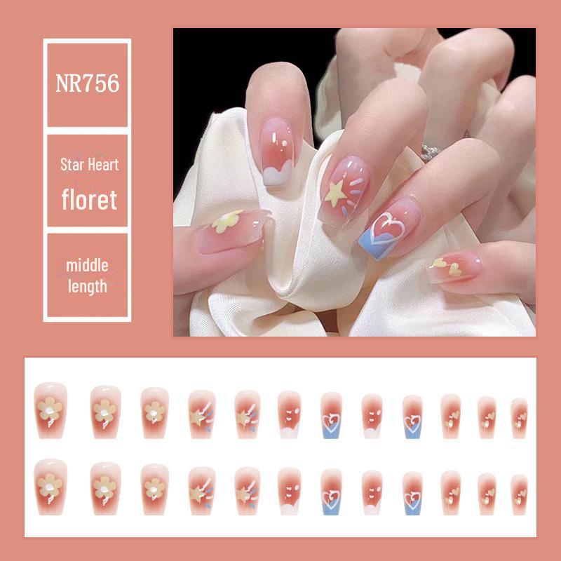 Medium & Long Rectangular T-Shaped Wearable French Cartoon Nail Art Patches - One Size Fake Nails