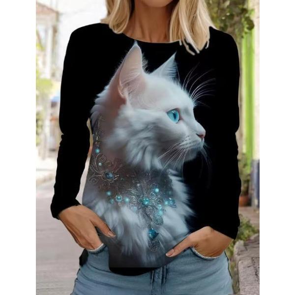Camisetas de Mujer de Manga Larga Casuales de Moda con Cuello Redondo y Estampado de Gato Lindo con Impresión 3D para Primavera y Otoño