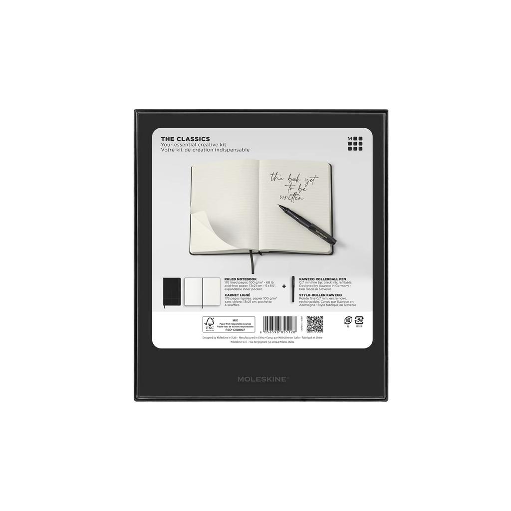 Moleskine Classic Zápisník + Kaweco Kuličkové pero na vodní bázi Sada, Pevná vazba, Horizontálně linkovaný, Velký formát, Černá (KAWPENSETNTBK)