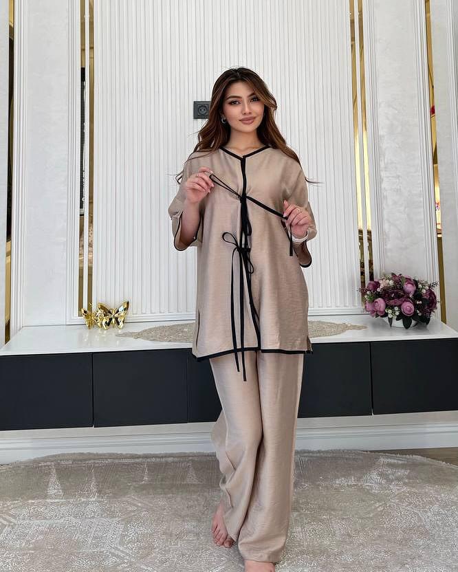 2025 Summer Women's Casual Fashion Set with Tie Design - Solid Color, European & American Style, Muslim-Friendly