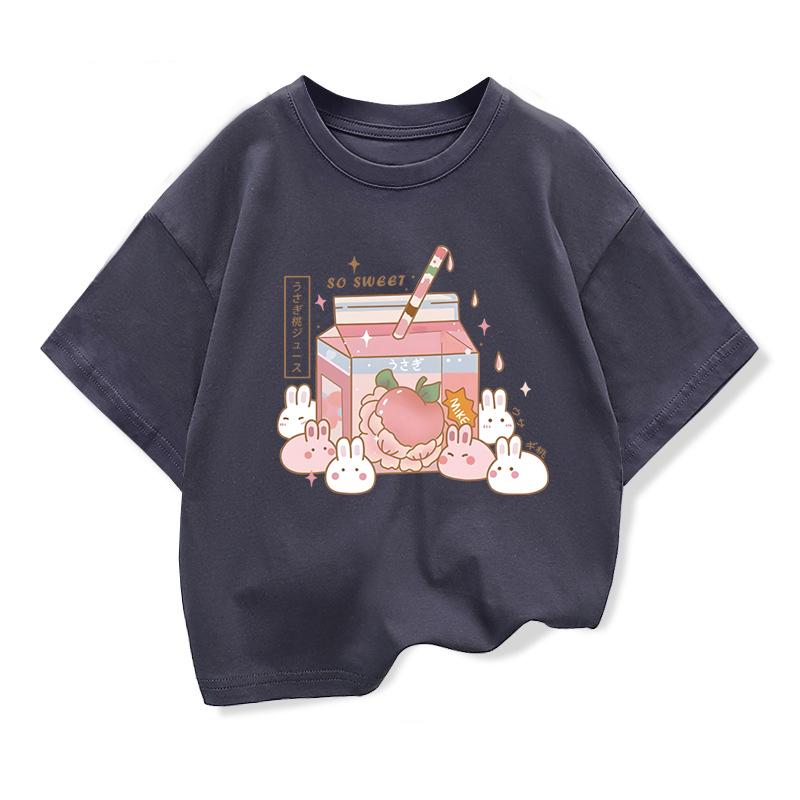 Girls Loose Strawberry Milk Shake Casual T-shirt Kids Short-Sleeve Cartoon Graphic Pink Summer Kids Clothing Tops Tee