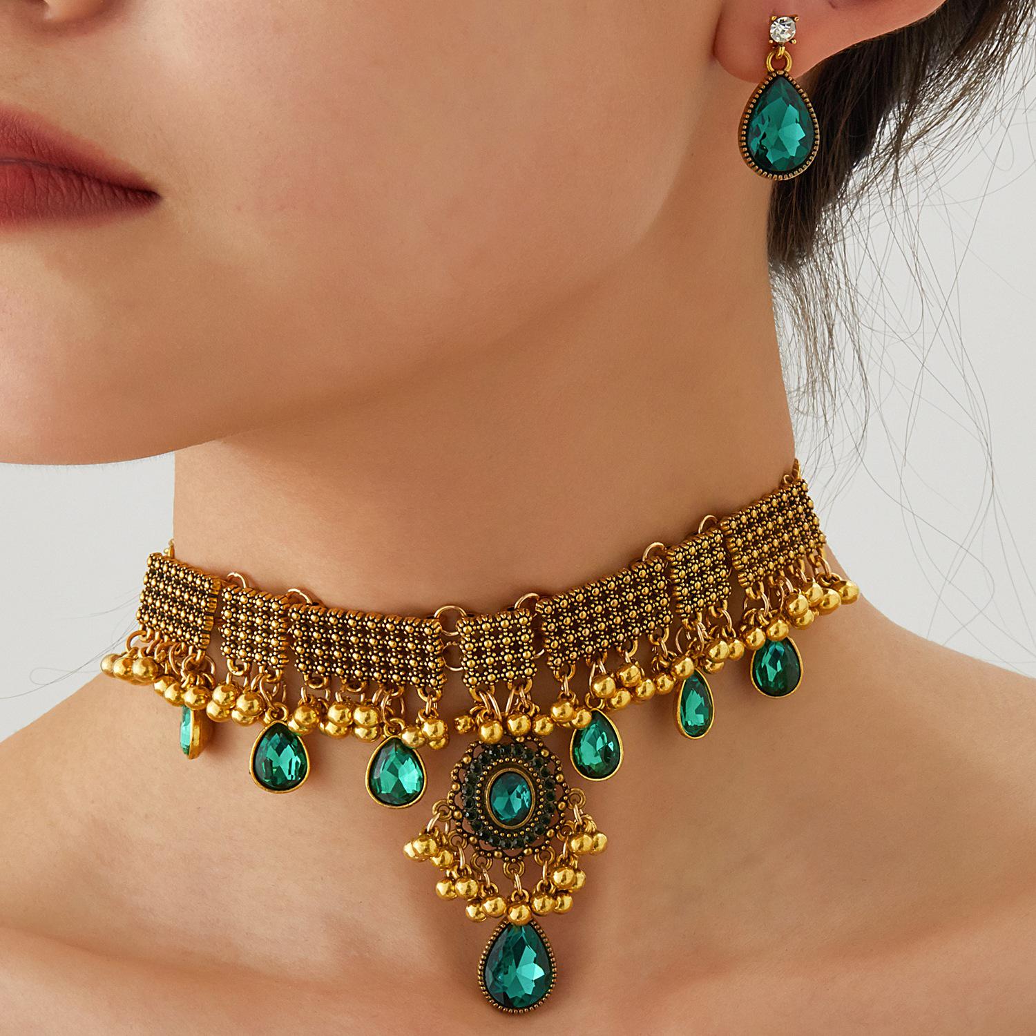 Богемный этнический стиль - Набор из колье и серег - Ретро и экзотический дизайн зелёный