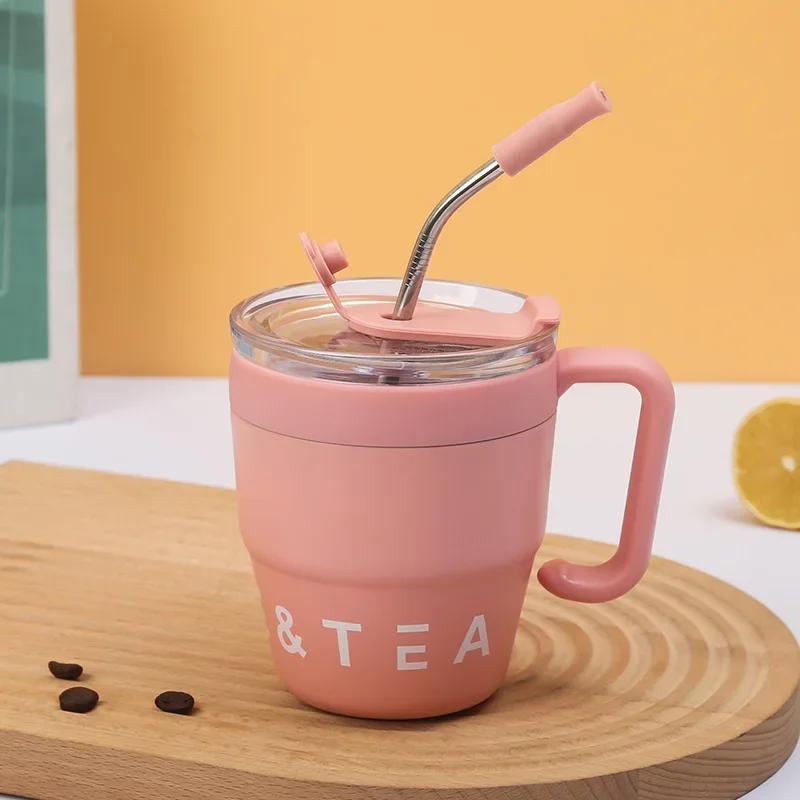 480ml Coffee Cup with Straw Lid Stainless Steel Thermos Mug for Hot Cold Drinks Water Tea Milk Office Outdoor Portable Bottle