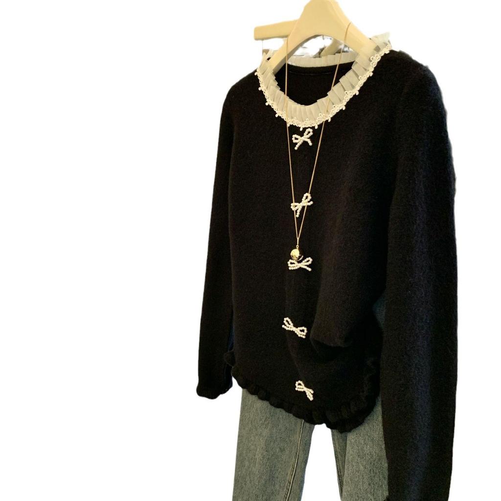 Korean Chic Lace Trim Round Neck Sweater Cardigan with Bow and Ruffle Edges for Women’s Autumn Winter Fashion.