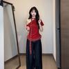 Summer Sweet Babes Retro Plaid Splicing Chic Short Sleeves Fashion Waist Thin Versatile Small Top Women