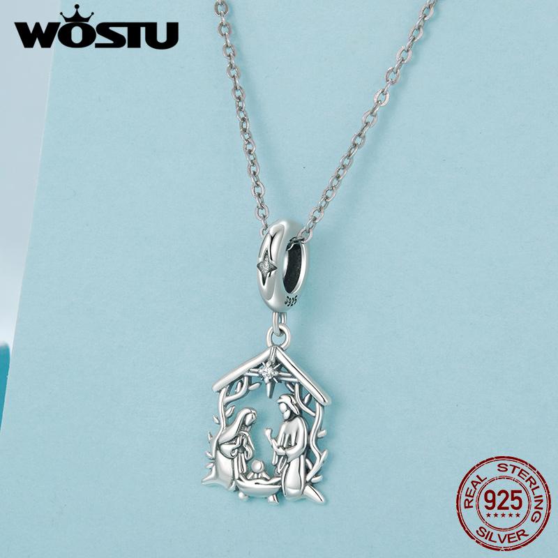 WOSTU 925 Silver Jesus Nativity Scene Charm The Birth Of Jesus Pendant Fit Bracelet Necklace Making DIY Unqiue Gift
