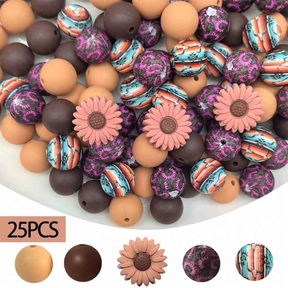 25PCS daisy and floral printed silicone bead set, punk style, suitable for DIY keychains, bracelets, bead pens