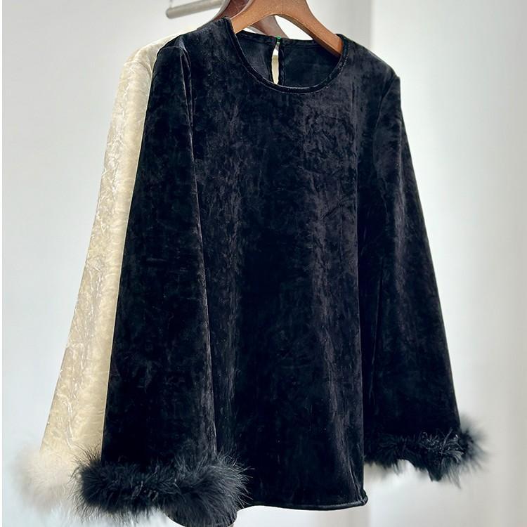 

Velvet Long Sleeve Furry Top: New Chinese National Style for Autumn/Winter 2025 L (100-112 jin) чорний