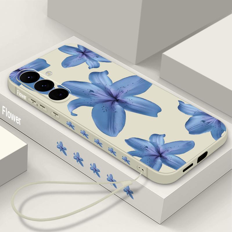 Blue Lily Printed Phone Case For Samsung Galaxy A17 A56 A16 A55 A15 A25 A36 A26 5G S25 Edge S23 S24 Ultra S24 S25 FE TPU Lanyard Cover