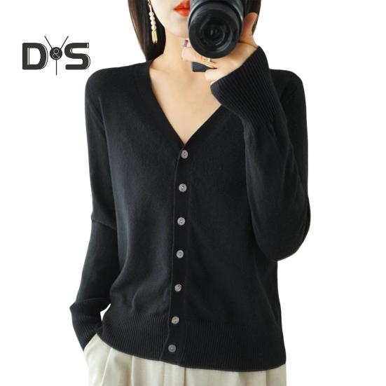 

Женский вязаный свитер с V-образным вырезом, длинным рукавом, на пуговицах, свитер, кардиган, однотонный, свободный крой, вязаное крючком текстурное пальто S чёрный