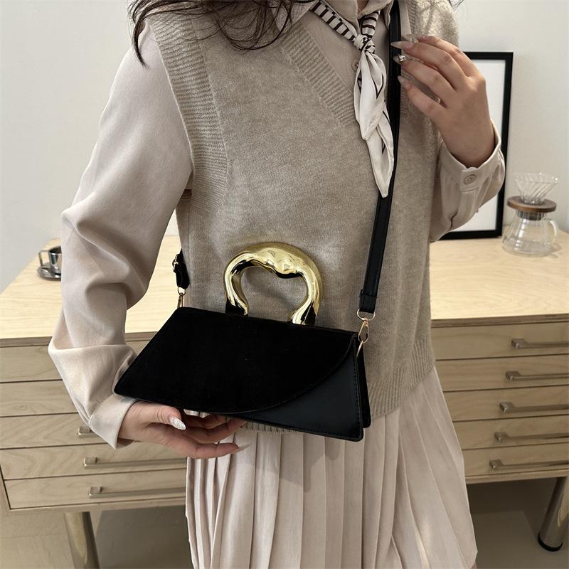 Luxury Velvet & Leather Handbag with Gold Sculptural Handle Chic Mini Crossbody Purse for Women Daily Gathering Formal Occasions