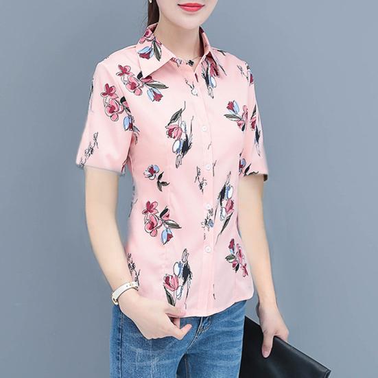 Women Shirt Flower Plaid Pattern Regular Style Shirt Buttons Placket Casual