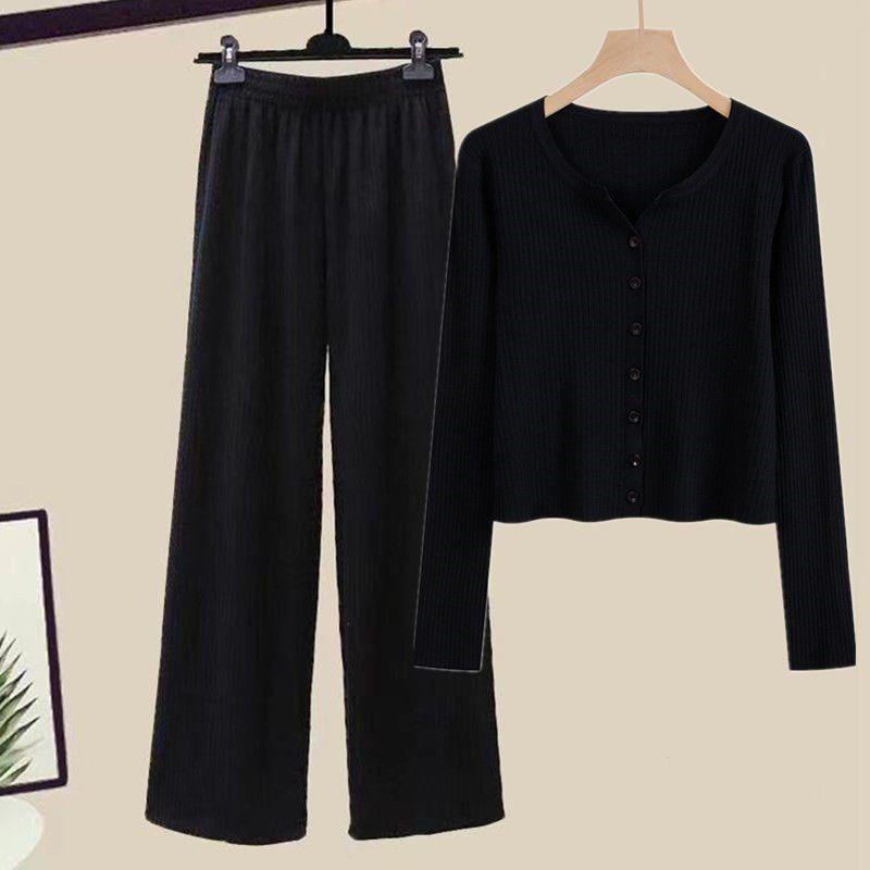 Two-Piece Women's Autumn Knit Set: Korean Short Sweater & Casual High-Waist Wide-Leg Pants