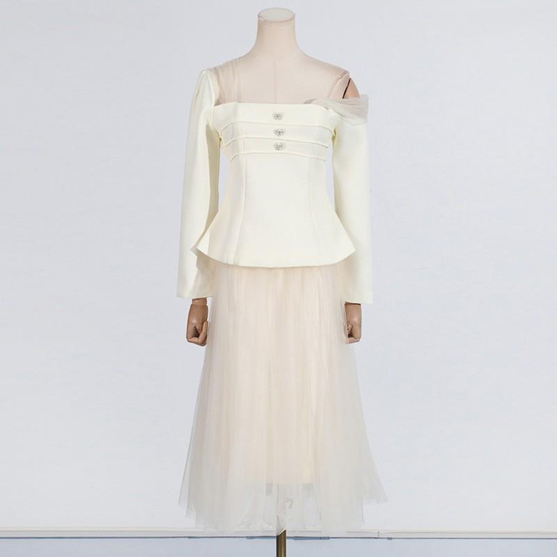 Niche Design Temperament Sloping Shoulders Waist Top With Lace Mesh Skirt Suit Women