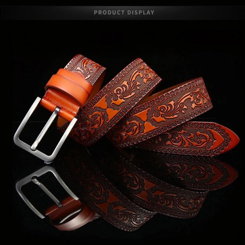 Cow Leather Embossing Belt Male Classic Vintage Pin Buckle Strap