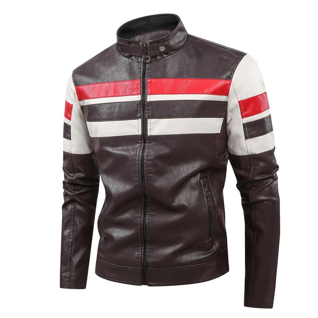 2025 Men's Color Block PU Leather Motorcycle Jacket - British Casual Style