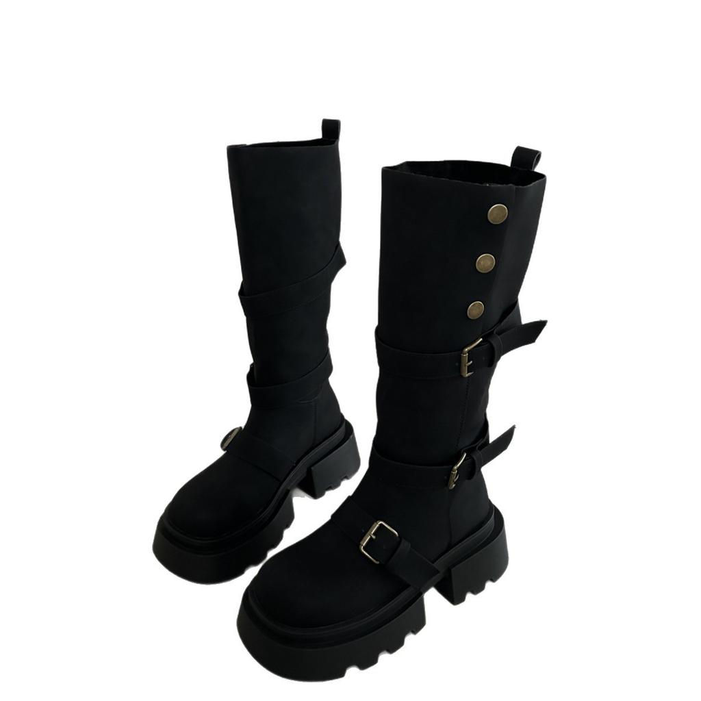 [Fanfuna] Retro belt buckle boots for women's 2025 autumn new thick-soled high-looking and thin soft-soled knight boots