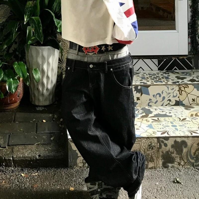 Mens Oversized Straight Leg Denim Jeans Black Vintage Washed Cotton Wide Fit Relaxed Casual Pants