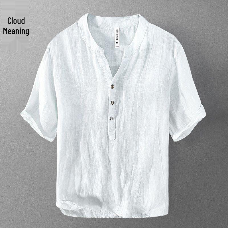 

Men s Summer Chinese Style Linen V-Neck T-Shirt - Short-Sleeved, Loose, Retro Casual M [80-90 jin]