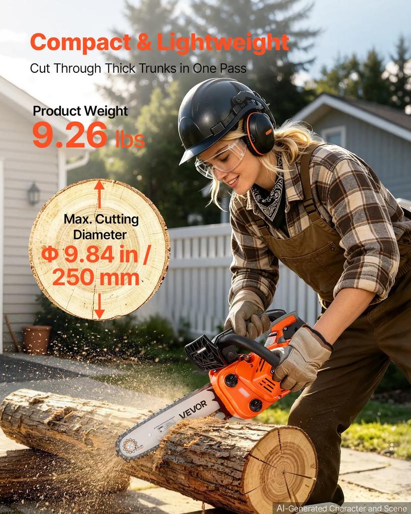 VEVOR Gas Powered Chainsaw 304.8 mm 25.4CC 0.75kW 2 Stroke Engine Chainsaw, for Wood Cutting, Tree Trimming & Land Clearing