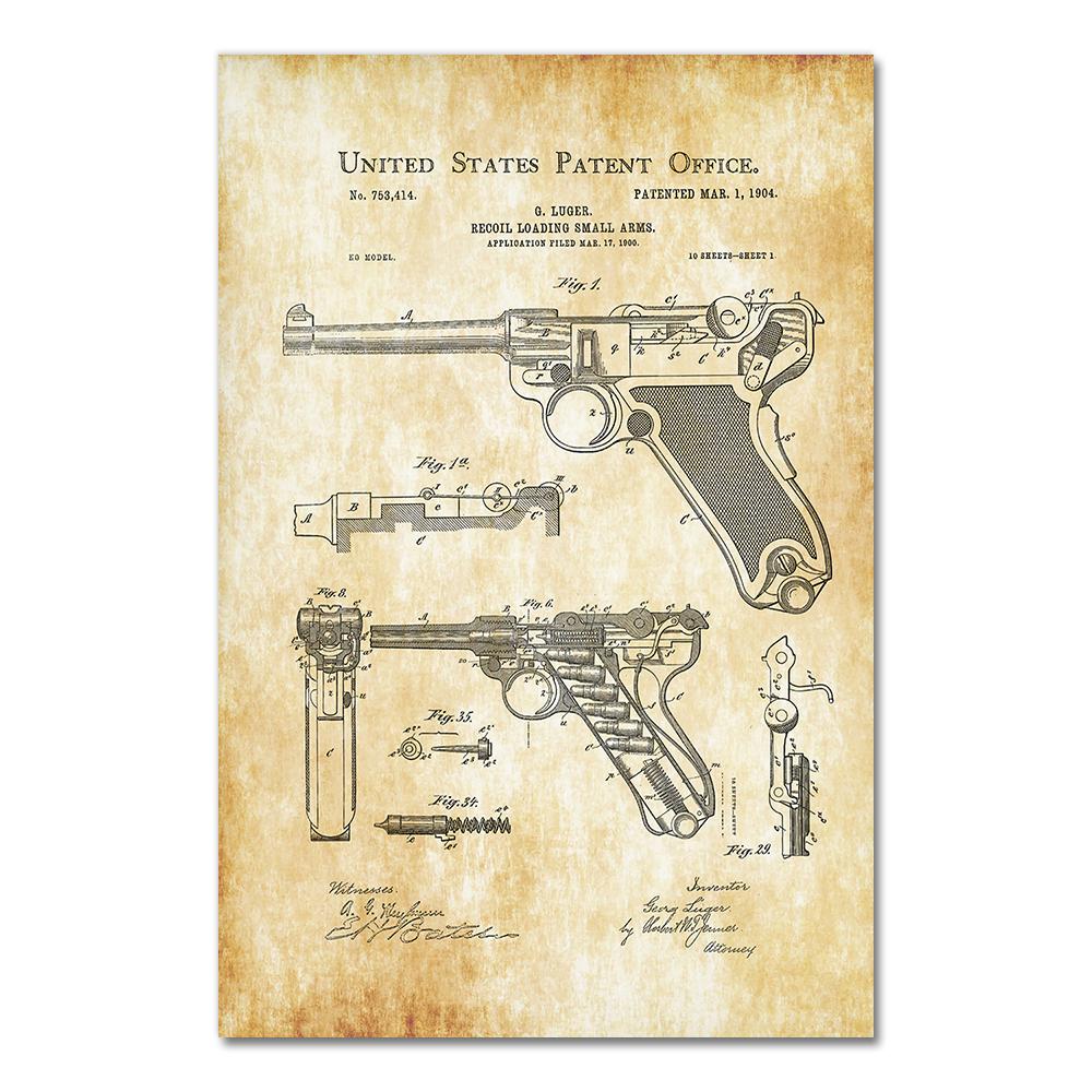 Gun Blueprint Luger Pistol Patent Chart Canvas Painting Posters And Prints Wall Pictures For Living Room Decoration Home Decor