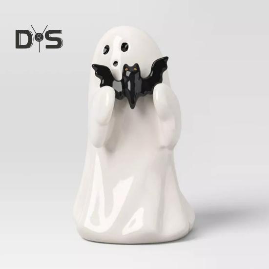 1/2Pcs Halloween Ghost Statue Spooky Resin Ghost Pink Pumpkin Bat Figurine Cute Halloween Home Table Decoration for Indoor Outdoor