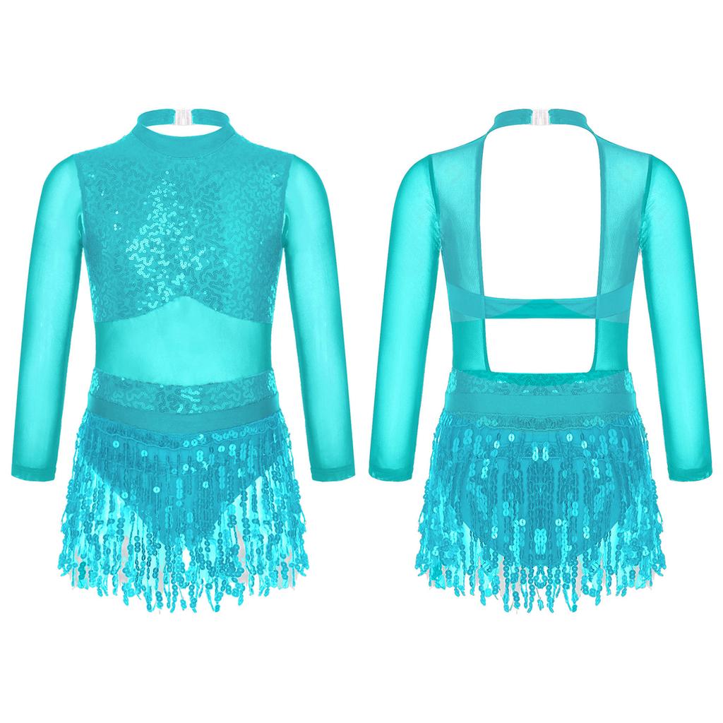 Robe de Danse Filles Paillettes Brillantes Ourlet à Franges Style Patchwork Maillots de Bain Tenues de Danse Vêtements de Scène