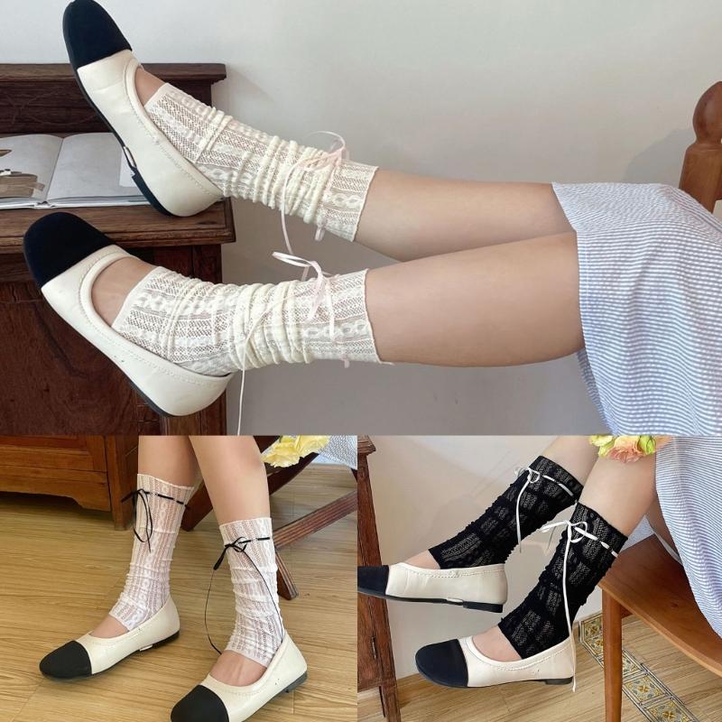 Womens Girls Summer See Through Striped Lace Leg Warmer Cute Ribbon Bowknot Lightweight Leg Cover Long Socks Stockings