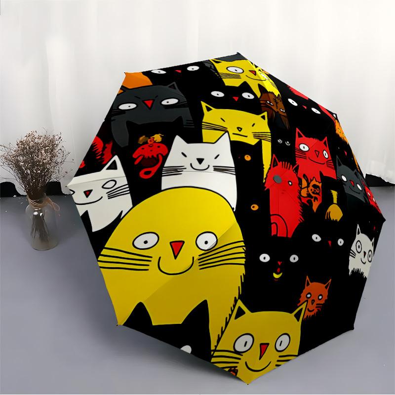 1pc Cat Pattern Automatic Folding Umbrella - Compact 8-Rib Design, Durable Plastic & Iron, Lightweight for Outdoor Daily Use052