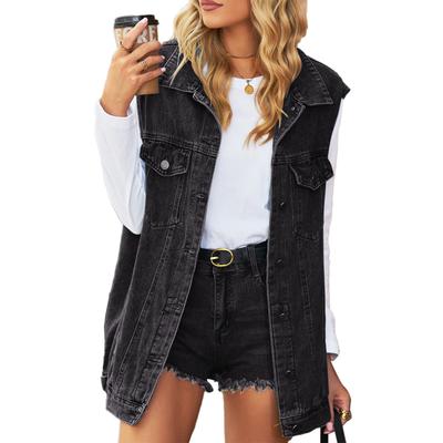 Sleeveless Jacket Vest Vintage Single Breasted Distressed Classic Turn Down Collar Vest with Pockets Jacket Black S