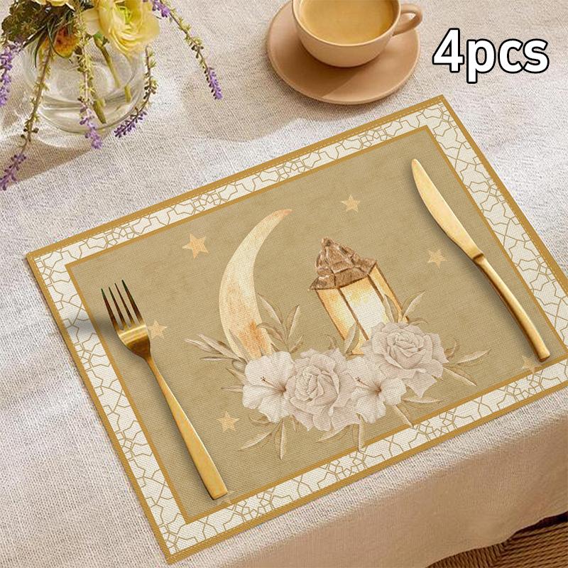 Islamic Style Moon Architecture Linen Table Mat Middle East Ramadan Rectangular Heat-resistant Placemat Accessories Cute Gifts